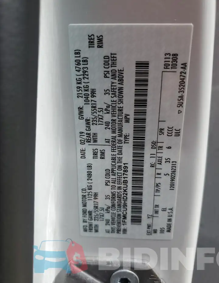 1FMCU9HD2KUB17891 Photo# 14