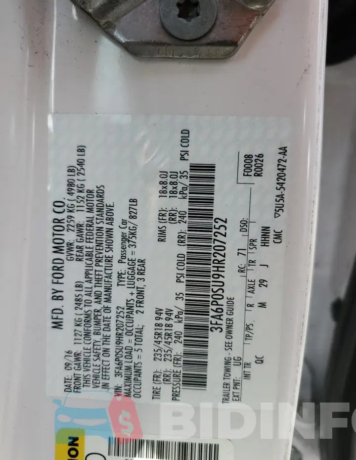 3FA6P0SU9HR207252 Photo# 12