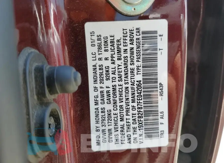 19XFB2F87FE042064 Photo# 12