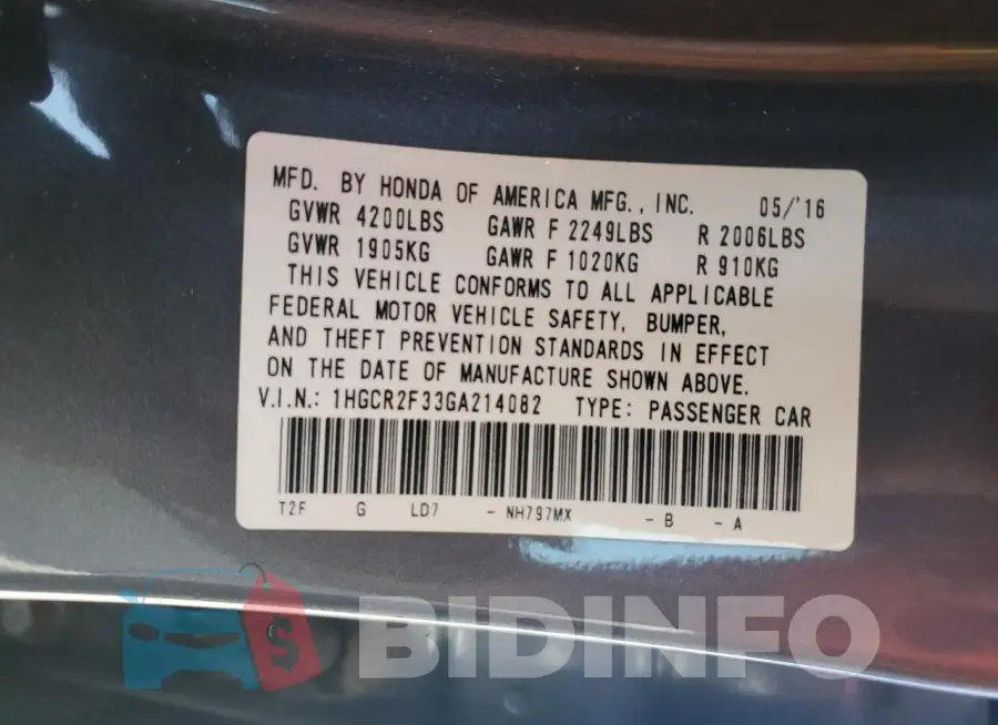 1HGCR2F33GA214082 Photo# 12