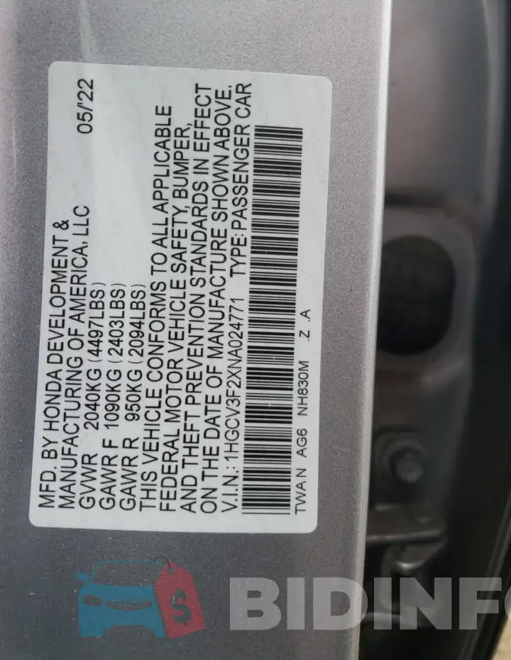 1HGCV3F2XNA024771 Photo# 12