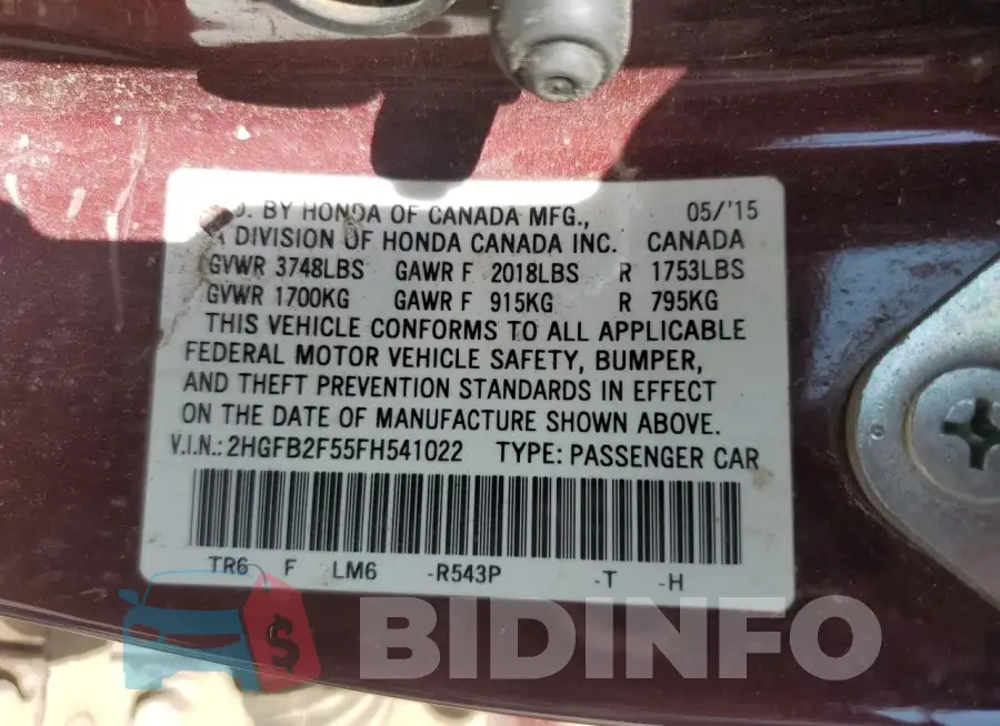 2HGFB2F55FH541022 Photo# 12