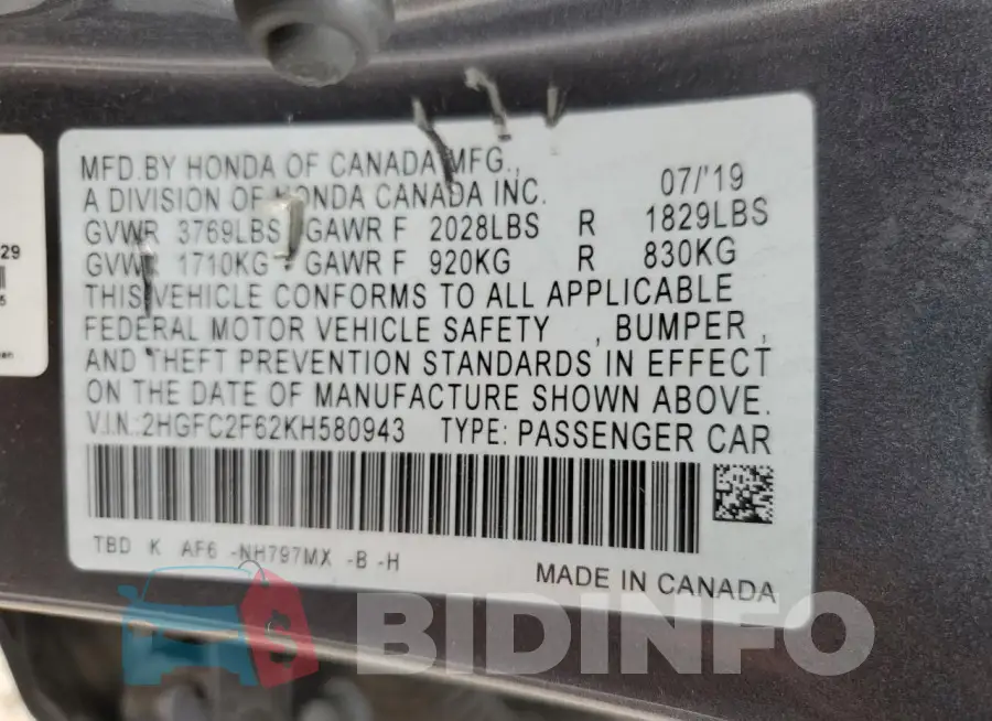 2HGFC2F62KH580943 Photo# 12