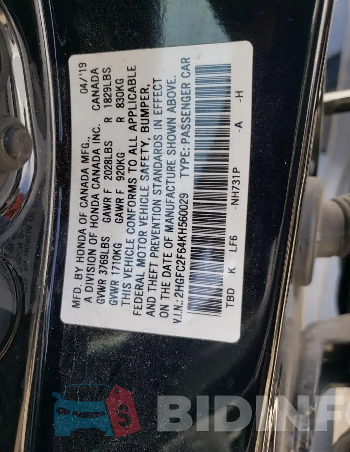 2HGFC2F64KH560029 Photo# 12