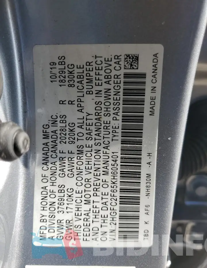 2HGFC2F65KH605401 Photo# 12