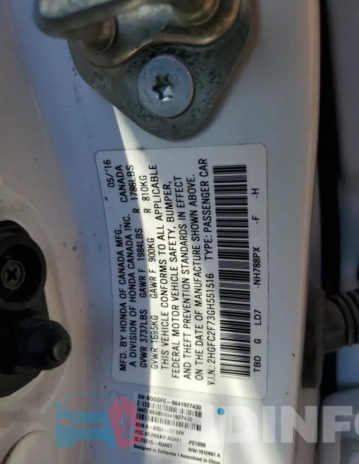 2HGFC2F73GH551516 Photo# 12