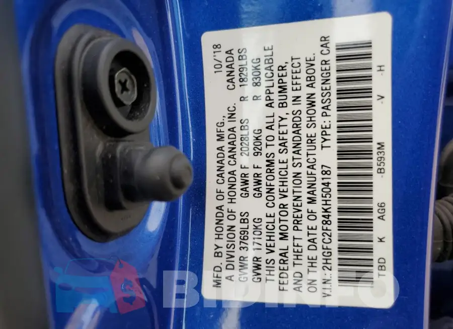 2HGFC2F84KH504187 Photo# 12