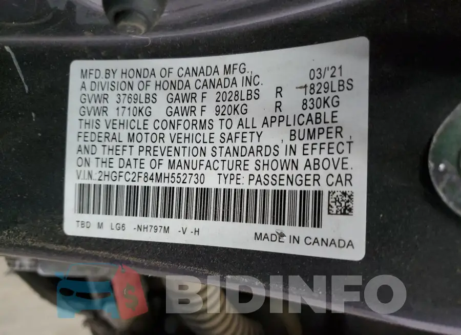 2HGFC2F84MH552730 Photo# 13