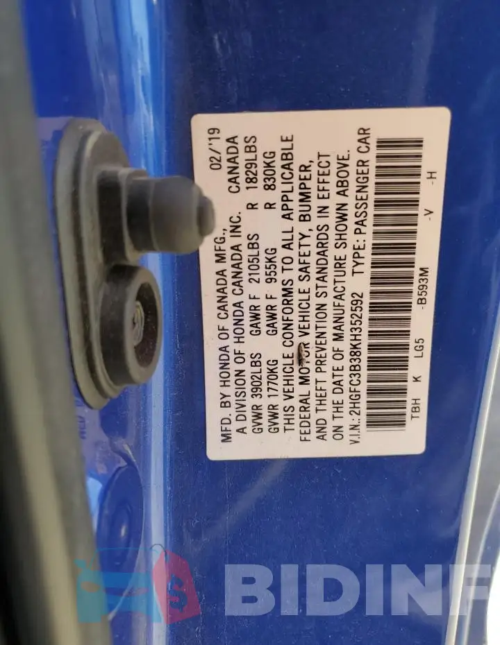 2HGFC3B38KH352592 Photo# 12