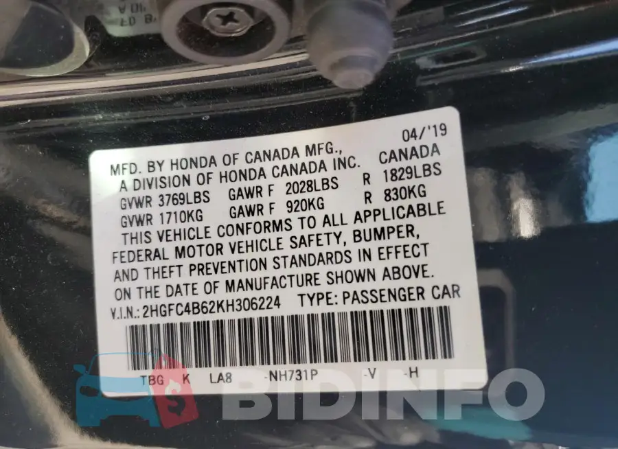 2HGFC4B62KH306224 Photo# 12