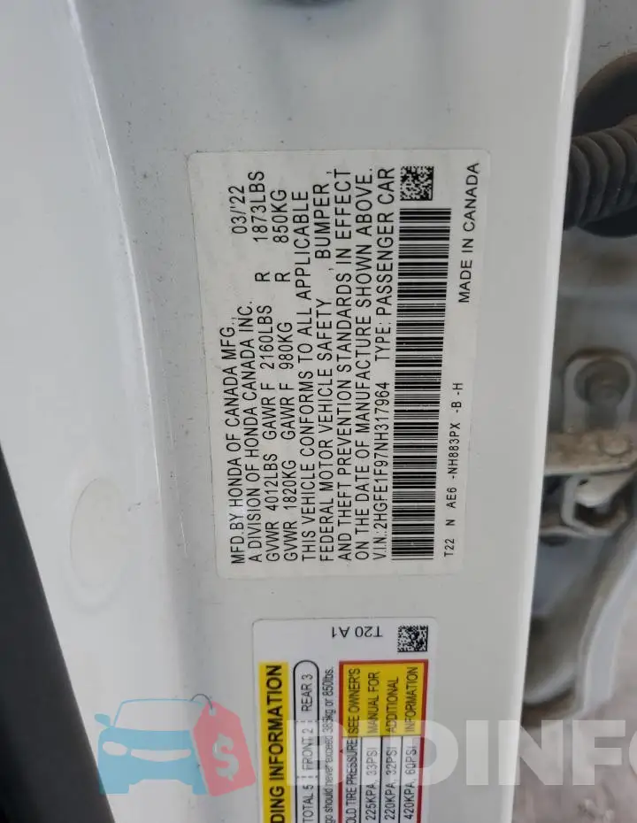 2HGFE1F97NH317964 Photo# 12