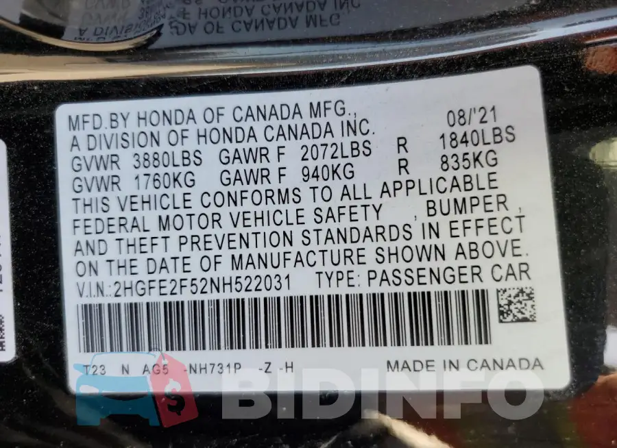 2HGFE2F52NH522031 Photo# 12