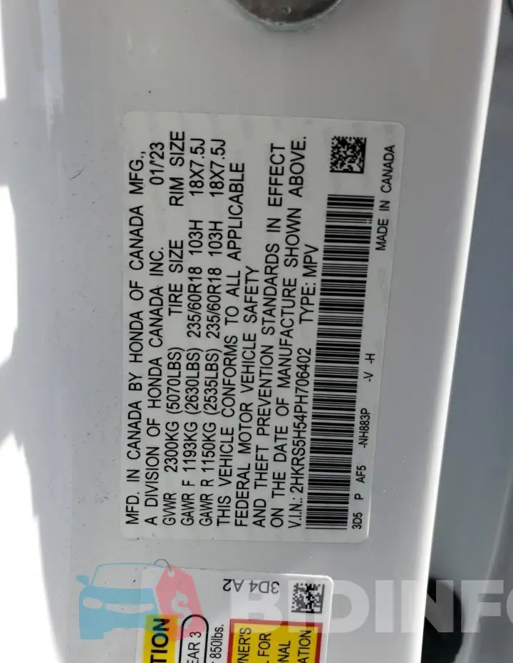 2HKRS5H54PH706402 Photo# 13