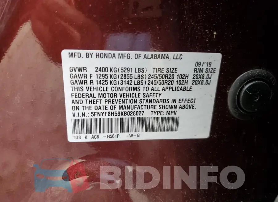 5FNYF8H59KB028027 Photo# 14