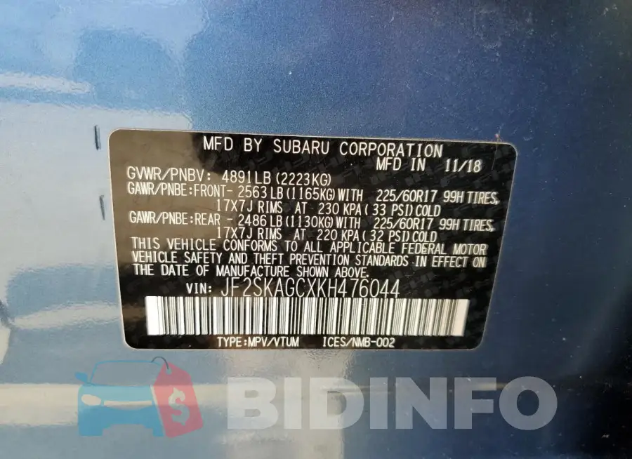 JF2SKAGCXKH476044 Photo# 13