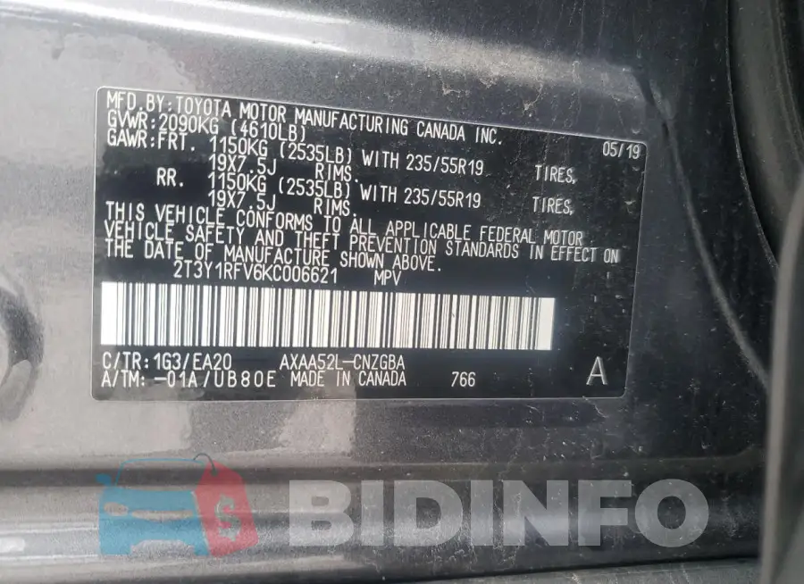 2T3Y1RFV6KC006621 Photo# 13