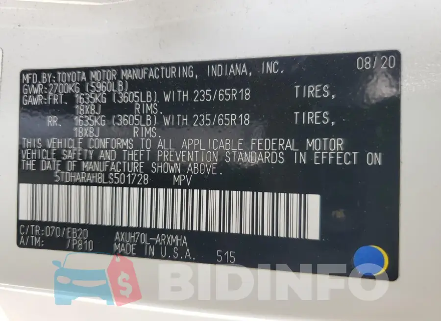 5TDHARAH8LS501728 Photo# 14