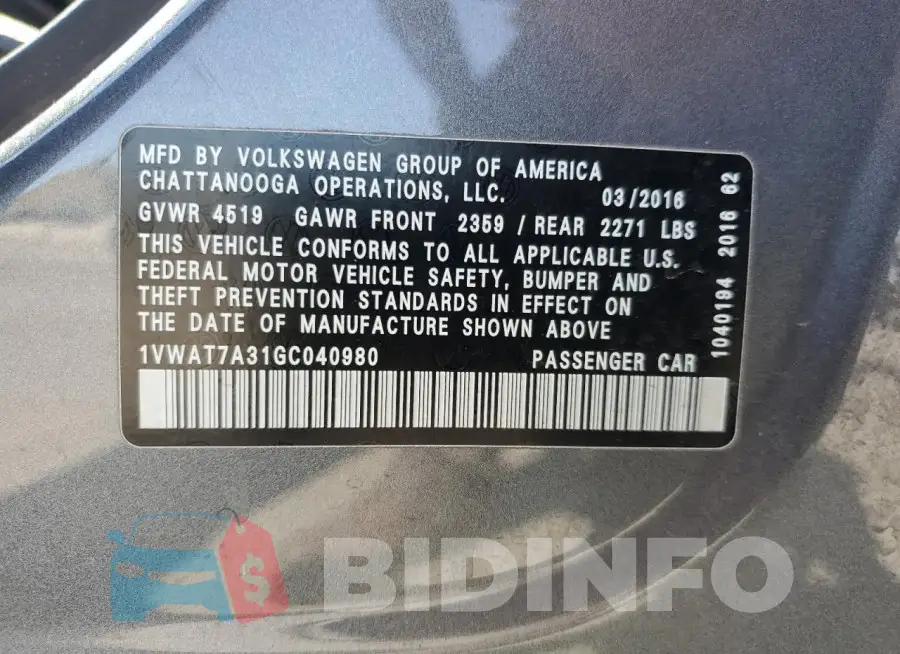 1VWAT7A31GC040980 Photo# 12