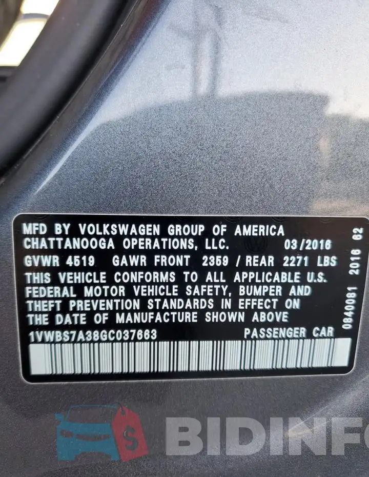 1VWBS7A38GC037663 Photo# 12