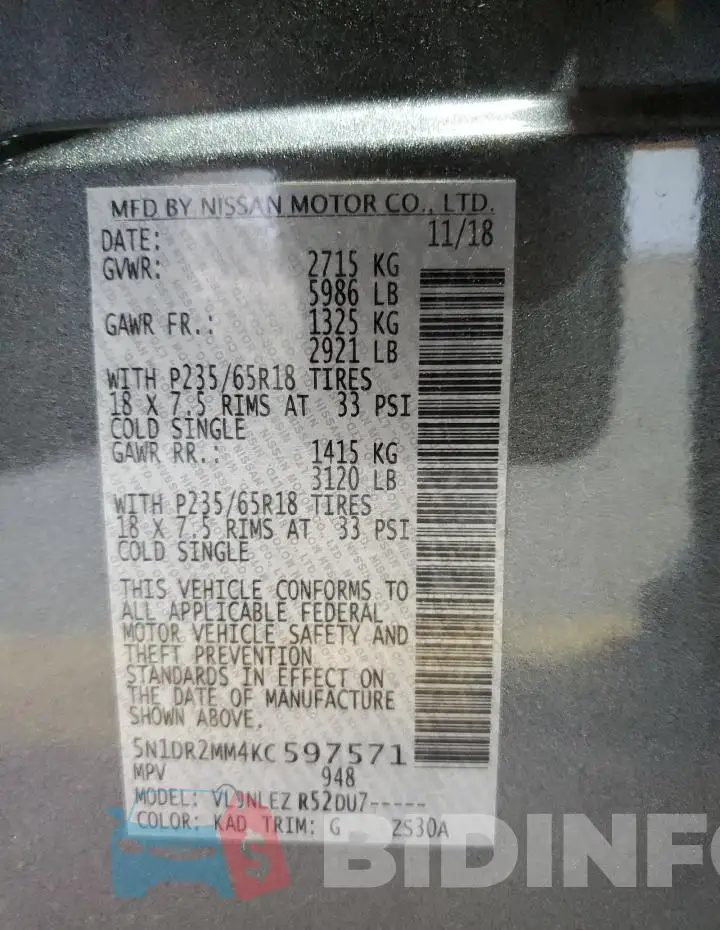 5N1DR2MM4KC597571 Photo# 14