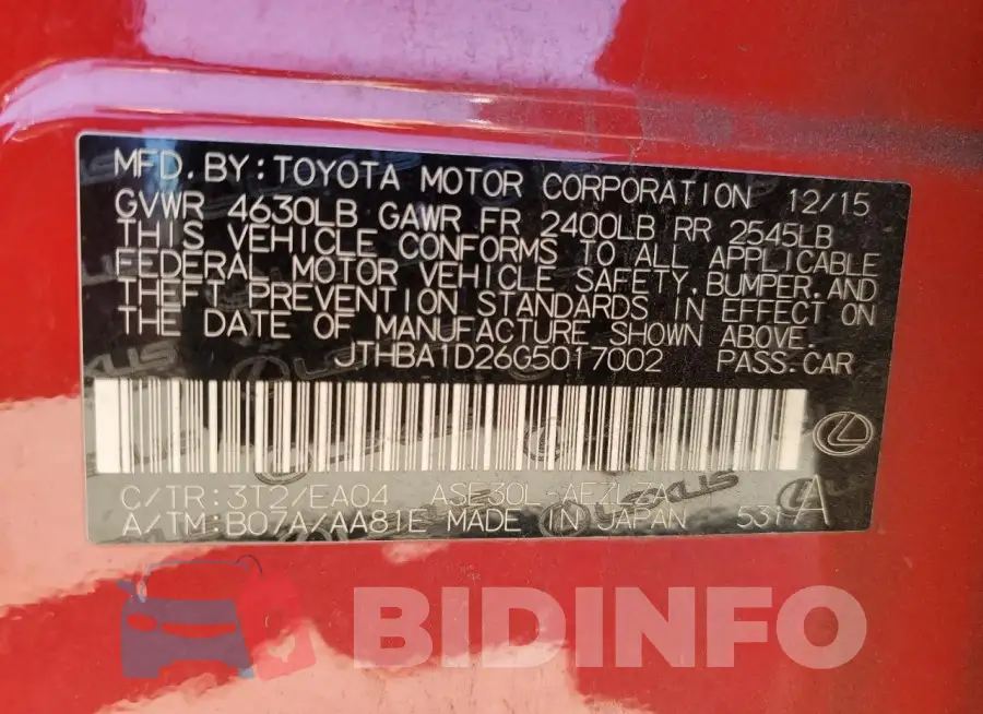 JTHBA1D26G5017002 Photo# 12