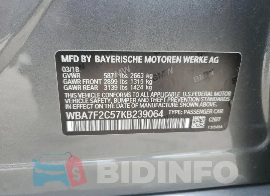 WBA7F2C57KB239064 Photo# 13