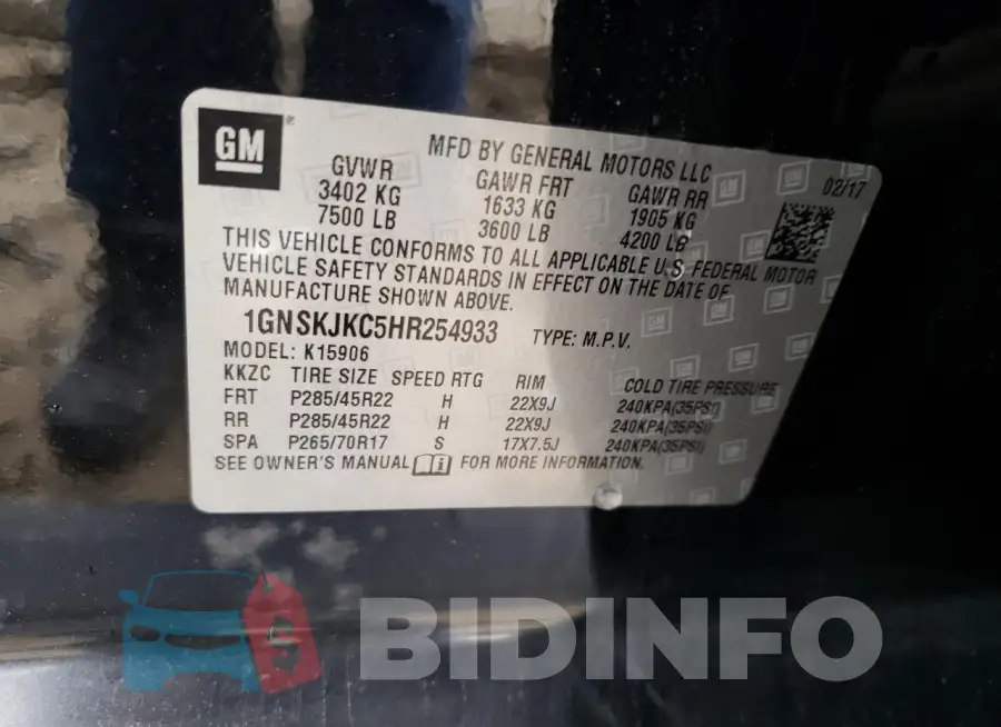 1GNSKJKC5HR254933 Photo# 13