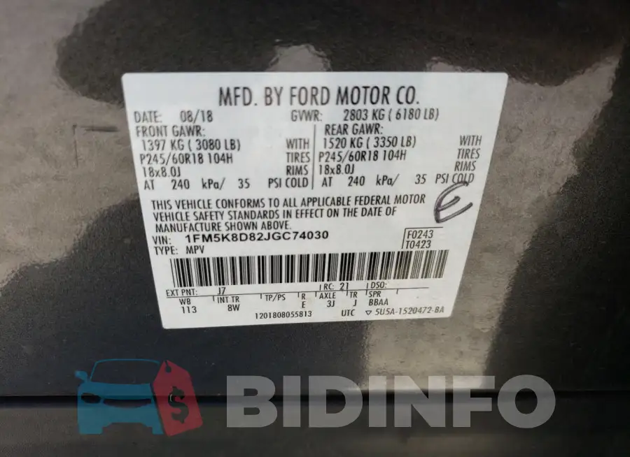 1FM5K8D82JGC74030 Photo# 13