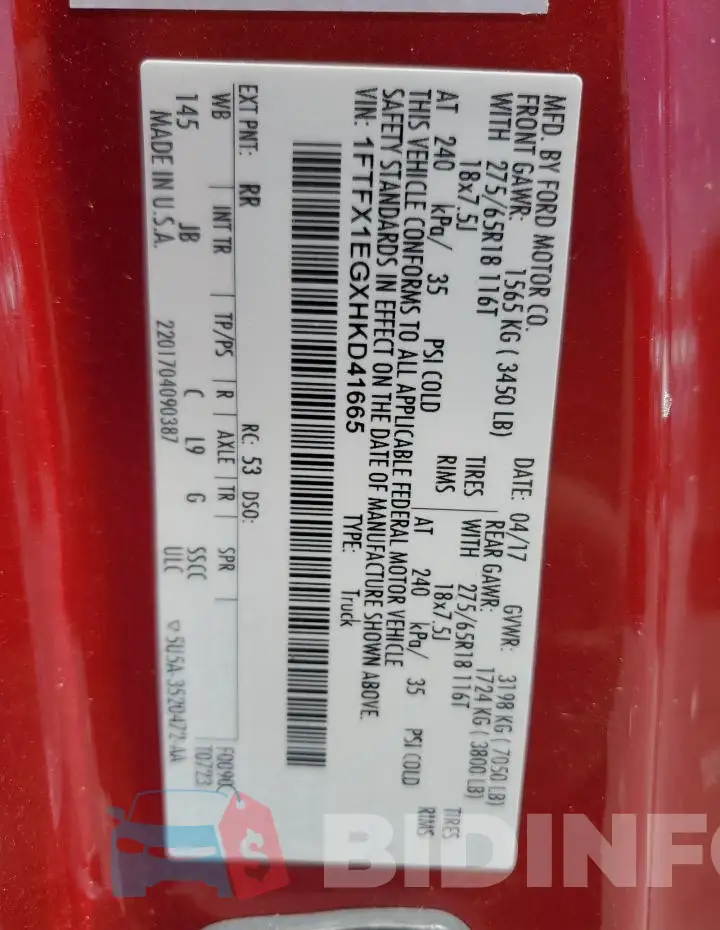 1FTFX1EGXHKD41665 Photo# 12