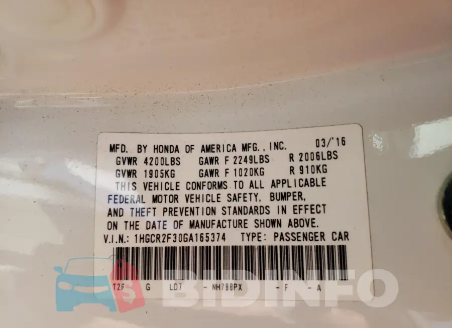 1HGCR2F30GA165374 Photo# 12