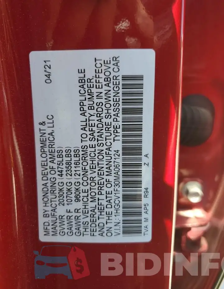 1HGCV1F30MA067124 Photo# 13