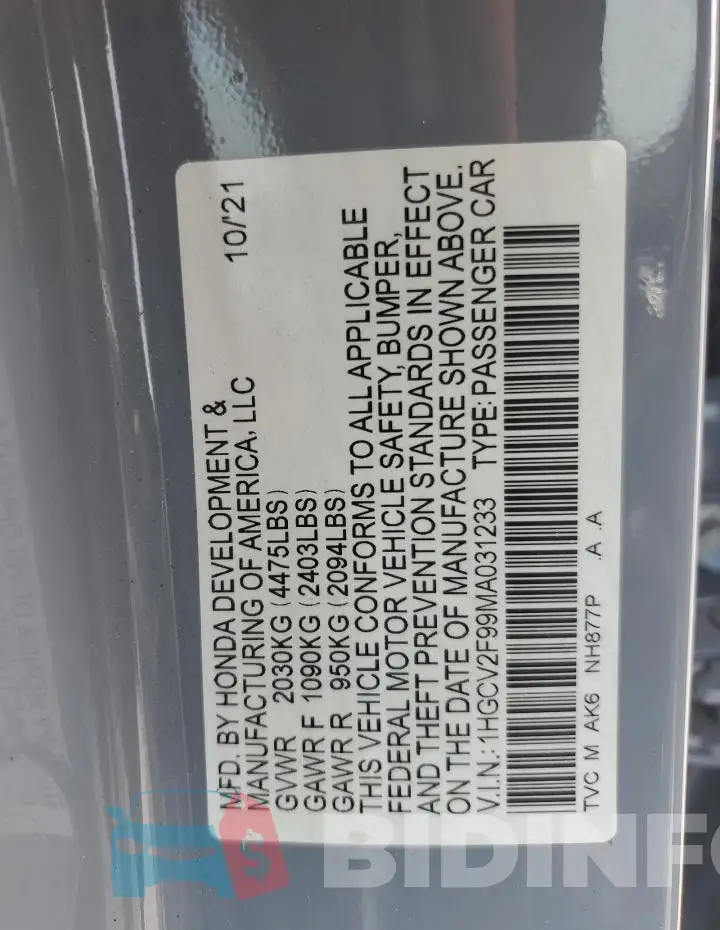 1HGCV2F99MA031233 Photo# 13