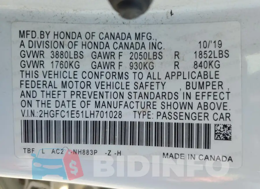 2HGFC1E51LH701028 Photo# 12