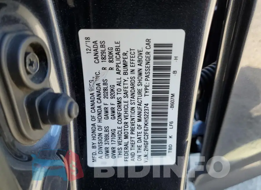 2HGFC2F67KH522374 Photo# 13
