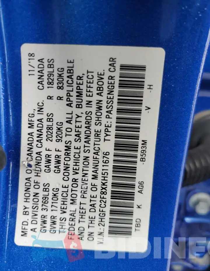 2HGFC2F8XKH511676 Photo# 12