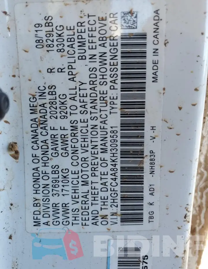 2HGFC4A84KH309581 Photo# 12