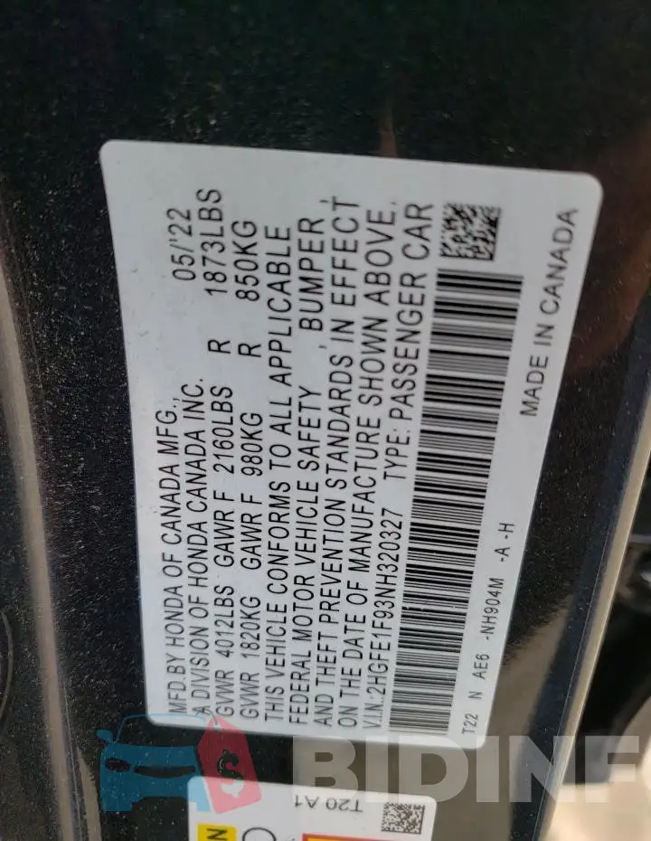 2HGFE1F93NH320327 Photo# 12