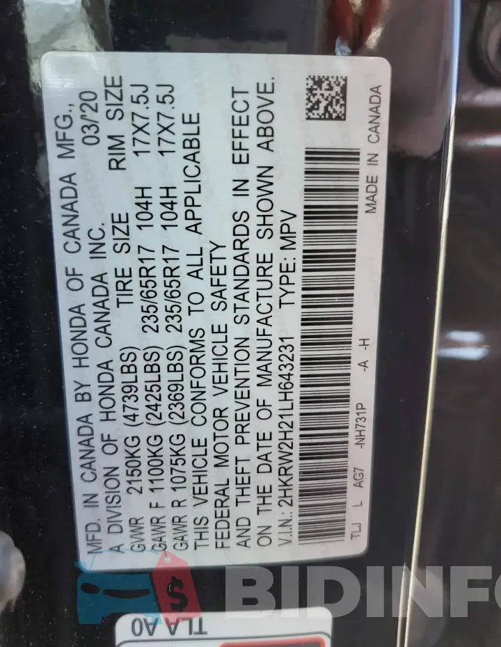 2HKRW2H21LH643231 Photo# 13