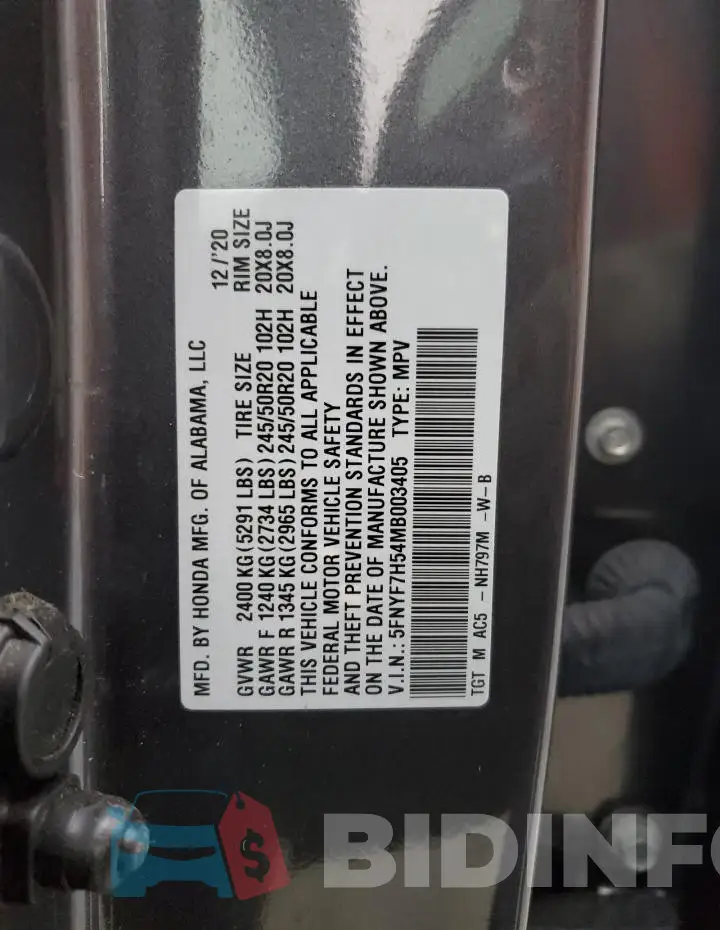 5FNYF7H54MB003405 Photo# 13
