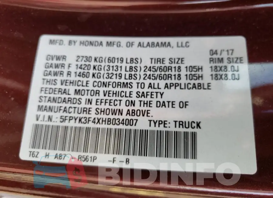 5FPYK3F4XHB034007 Photo# 12