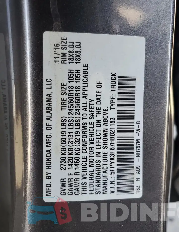 5FPYK3F67HB021183 Photo# 13