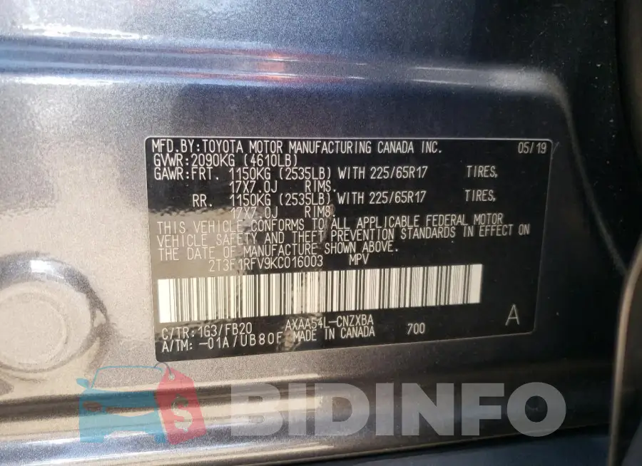2T3F1RFV9KC016003 Photo# 12