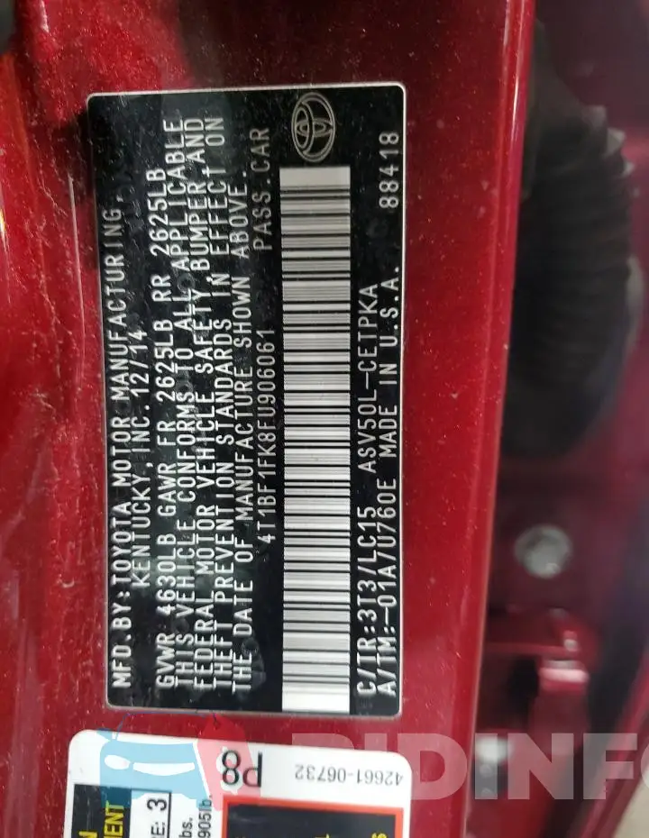 4T1BF1FK8FU906061 Photo# 12