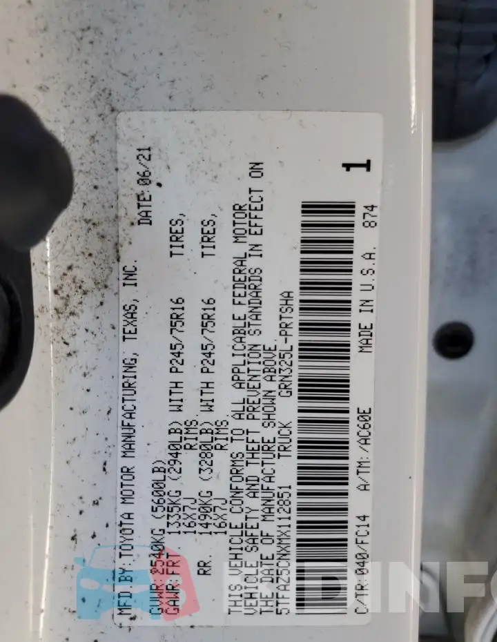 5TFAZ5CNXMX112851 Photo# 13