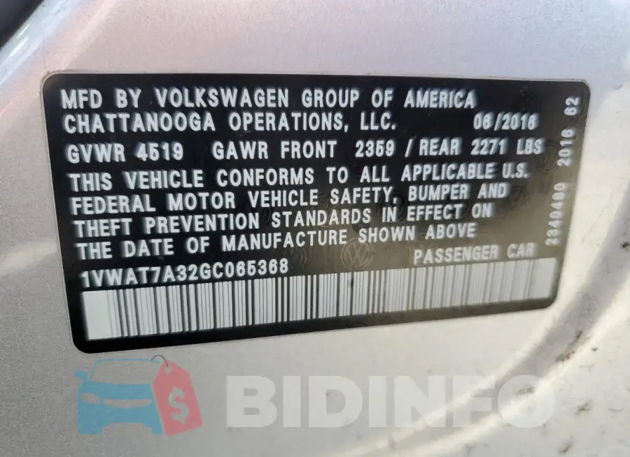 1VWAT7A32GC065368 Photo# 12