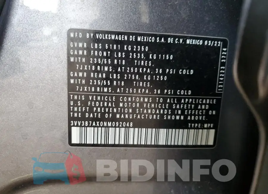 3VV3B7AX0NM092048 Photo# 12