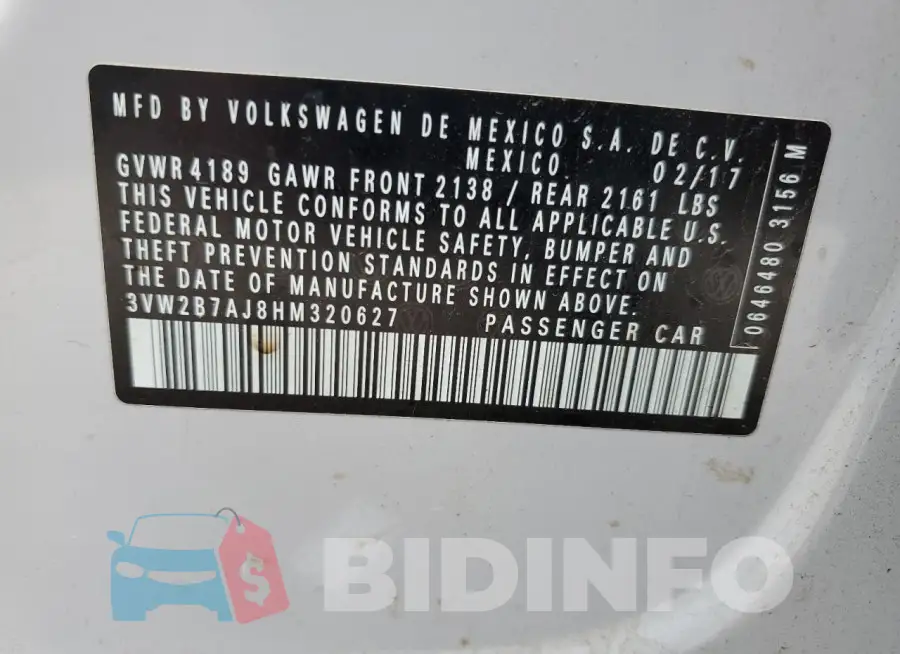3VW2B7AJ8HM320627 Photo# 12
