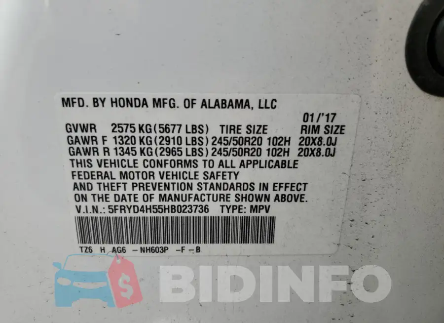 5FRYD4H55HB023736 Photo# 12