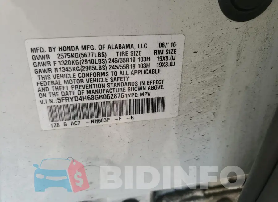 5FRYD4H68GB062876 Photo# 14