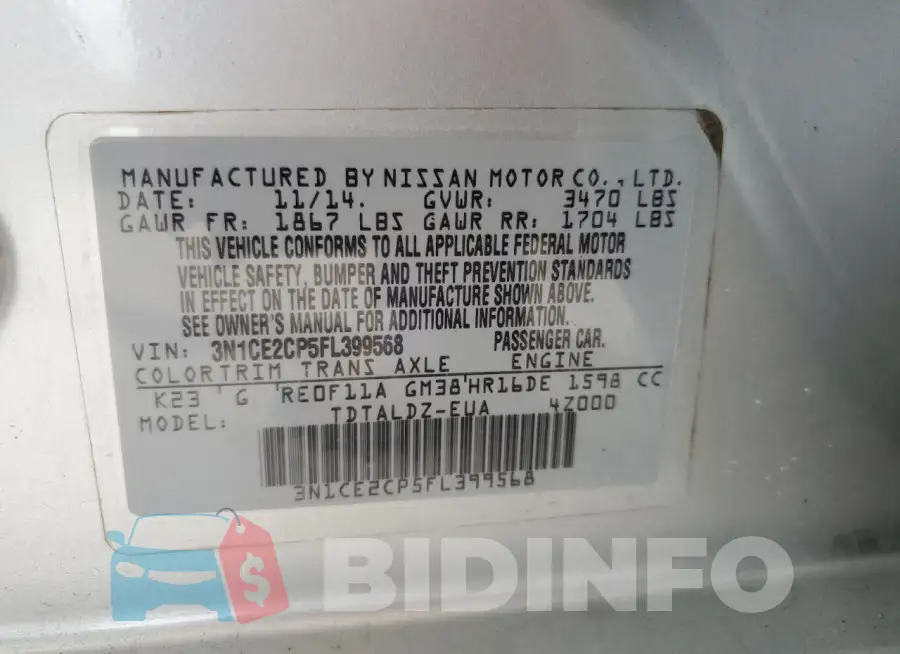 3N1CE2CP5FL399568 Photo# 12